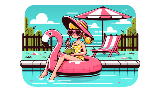 young girl in a swimming pool with pink flamingo inflatable float summer illustration