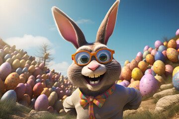 funny Easter bunny with eggs 3d art - obrazy, fototapety, plakaty