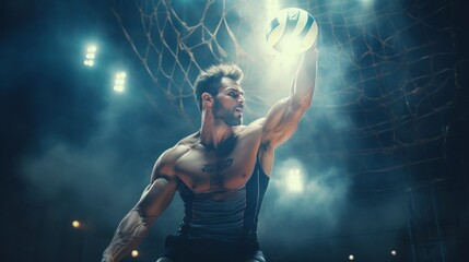 A volleyball player spiking the ball with power, creating a dynamic and energetic moment on the court