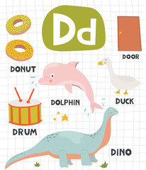 Alphabet letter D with cute object and animal illustration for children learning
