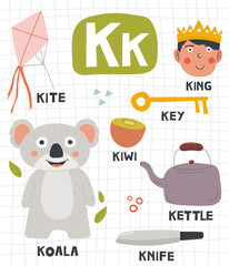 Alphabet letter K with cute object and animal illustration for children learning