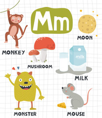 Alphabet letter M with cute object and animal illustration for children learning
