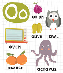 Alphabet letter O with cute object and animal illustration for children learning