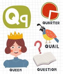 Alphabet letter Q with cute object and animal illustration for children learning