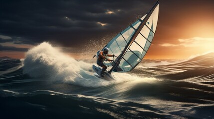 A windsurfer riding the waves with speed, sail taut against the wind in a thrilling moment - obrazy, fototapety, plakaty