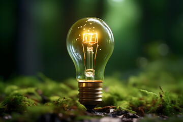 renewable energy light bulb with green energy, Earth Day or environment protection Hands protect forests that grow on the ground and help save the world, solar panels	