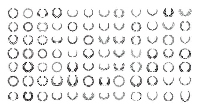 Modern Collection of silhouette of circular laurel wreaths depicting award, achievements. Editable vector, circular foliate laurels branches.Design help for award logo, winner round emblem
