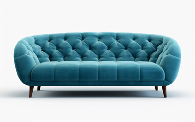 Teal sofa on wooden legs on white background. Upholstered furniture for the living room. Teal couch isolated