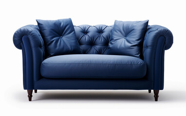 Navy blue sofa with pillows on wooden legs isolated on white. Darck blue leather couch isolated