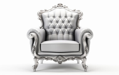 Isolated silver armchair. Vintage silver classic chair on a white background. Silver throne