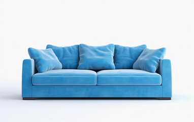 Blue sofa with pillows on white background. Upholstered furniture for the living room. Blue couch isolated