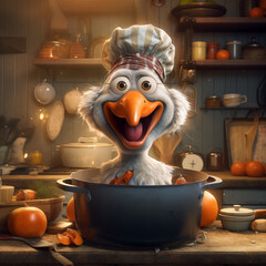 An happy turkey halfway out of a pot on the stove. happy animal inside kitchen