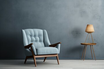 Stylish Interior wall blue armchair wood. Space gray. Generate Ai