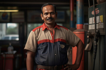 young indian man working at petrol pump - obrazy, fototapety, plakaty