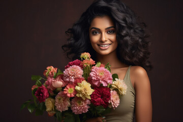young indian woman holding flower bouquet