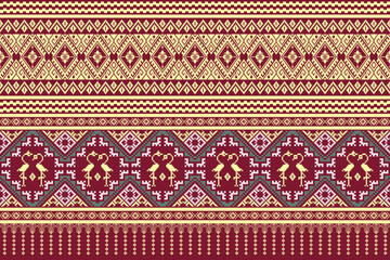 Premium Ethnic Traditional Golden Thai Silk Pattern on Maroon Background.  Vector design for fabric, carpet, embroidery, tile, wrapping, wallpaper, and background.