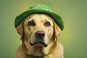 Dog for St. Patrick's Day, funny dog wearing a leprechaun hat on a green background