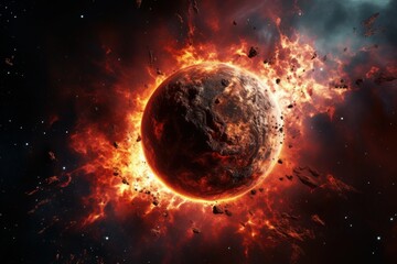 Vast Lava planet in space. Alien volcano. Generate Ai