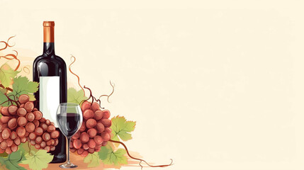 copy space, vector illustration, bottle and glass of wine with grapes, National Wine Day greeting card, grapes fruit with a glass of wine and a bottle. Glass filles with wine, some grapes and a winebo