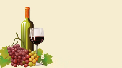 copy space, vector illustration, bottle and glass of wine with grapes, National Wine Day greeting card, grapes fruit with a glass of wine and a bottle. Glass filles with wine, some grapes and a winebo