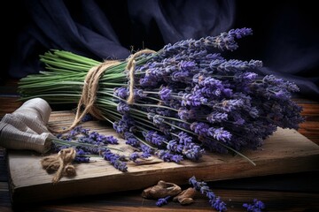 Calming Lavender buds on board. Natural herb. Generate Ai