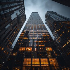 looking up view of a tall building with lights on