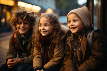 Children waiting at the bus stop, sharing laughs, and enjoying each other's company in a heartwarming cinematic moment.