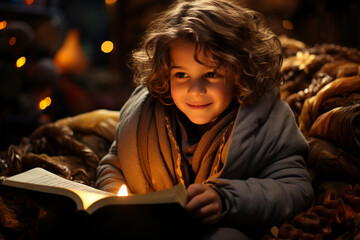Fototapeta na wymiar cozy cinematic photo of a child immersed in a book, highlighting the importance of literacy in the back-to-school season.