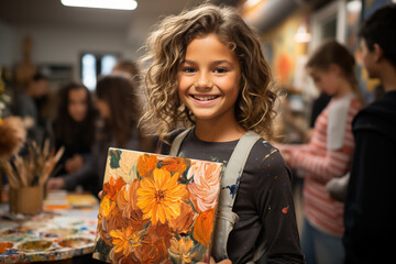 creativity and joy in an art class, with kids expressing themselves through various artistic mediums. - obrazy, fototapety, plakaty