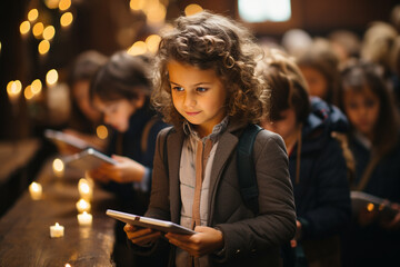 use of technology in education with cinematic photos of kids using tablets or laptops in a classroom setting.