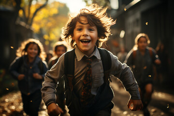 Cinematic shots of kids playing in the schoolyard, emphasizing the importance of physical activity and social interaction. - obrazy, fototapety, plakaty