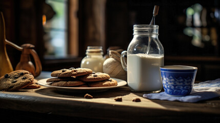 Freshly Baked Cookies and Milk on a Vintage Kitchen Table