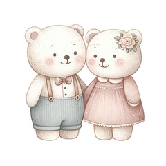 Watercolor Bear Couples Set. Set of Cute Bear Couples Clipart. Animal Watercolor Illustration. for valentine, wedding, baby shower, newborn
