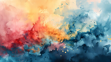 An abstract watercolor artwork blending shades of pink, orange, blue, and purple into dreamy cloud-like formations