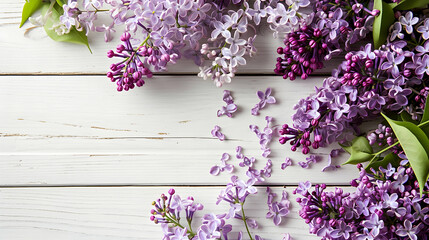 Fresh lilac flowers with rich purple hues lying on a white, weathered wooden background with peeling paint.