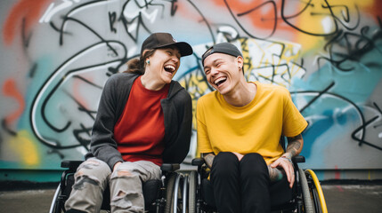 Two persons in a wheelchair, embracing in friendship against a colorful graffiti wall
