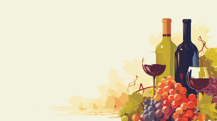 copy space, vector illustration, bottle and glass of wine with grapes, National Wine Day greeting card, grapes fruit with a glass of wine and a bottle. Glass filles with wine, some grapes and a winebo