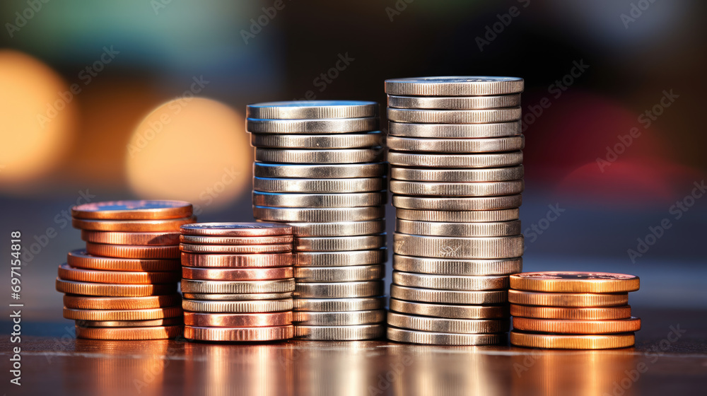 Poster multiple stacks of shiny gold coins on a surface with a warm, glowing bokeh light effect in the back
