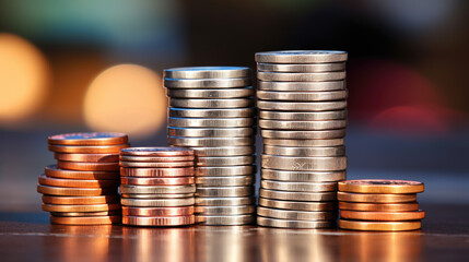 Multiple stacks of shiny gold coins on a surface with a warm, glowing bokeh light effect in the background.