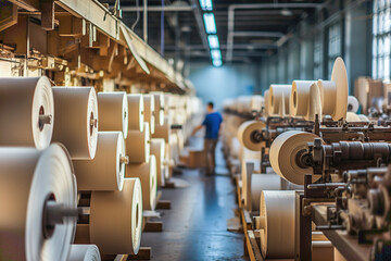 Paper factory with many rolls of paper on a conveyor belt.