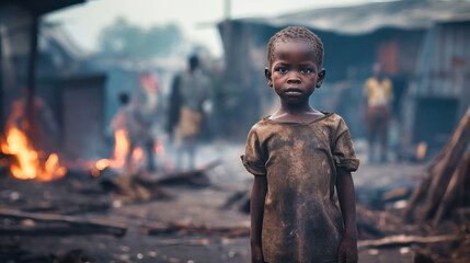 close-up of a poor hungry orphan boy in a refugee camp with a sad expression, his face and clothes are dirty and his eyes are full of pain. - obrazy, fototapety, plakaty