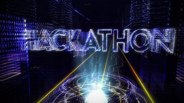 Hologram Of Word Hackathon Created Inside Digital Cyberspace Media City. Hacker Gained Access To Futuristic Global Cyberspace Media. Data Coding In Cyberspace Media. Internet Concept. 3D Graphics