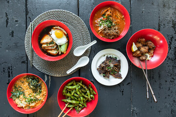 Yummy Japanese Food Spread in Red Bowls