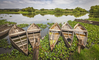 small wooden boats over lake