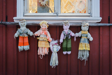 Christmas decoration on the window of a wooden house in Rauma, Finland