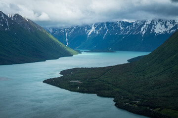 View of stormy Kenai Lake from Slaughter Ridge in Alaska
