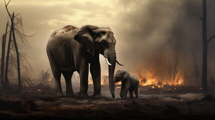 generative ai elephant and baby running from fire