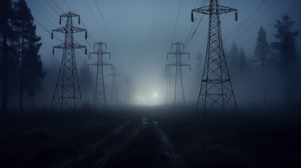 generative ai electricity pylons at night - obrazy, fototapety, plakaty