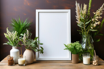 White blank copy space on the wall in a frame and flowers.