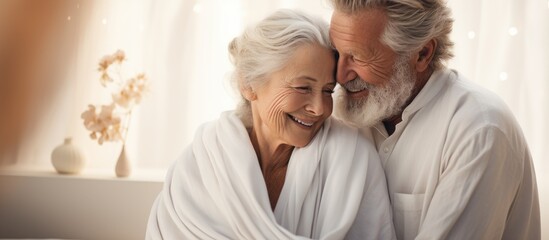 Elderly couple in white robes enjoying a romantic hug at spa. - obrazy, fototapety, plakaty